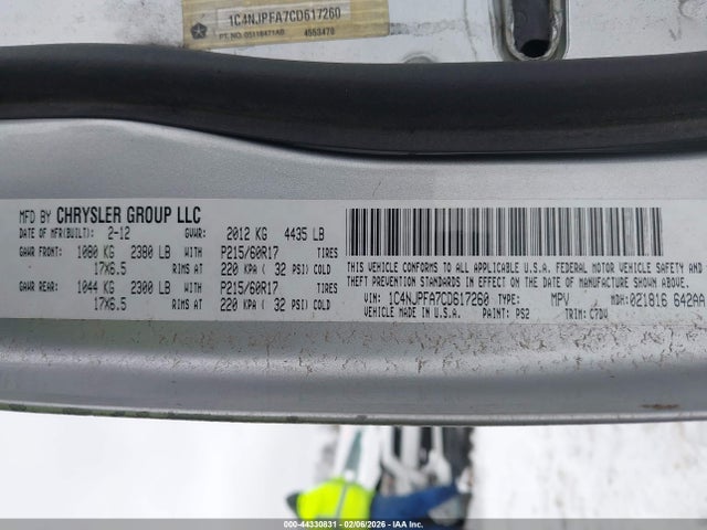 2012 Jeep Patriot Latitude მანქანა იყიდება აუქციონზე, vin: 1C4NJPFA7CD617260, აუქციონის ნომერი: 44330831