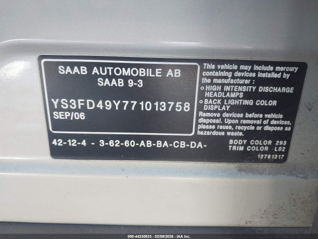 2007 SAAB 9-3 YS3FD49Y771013758 Photo 8