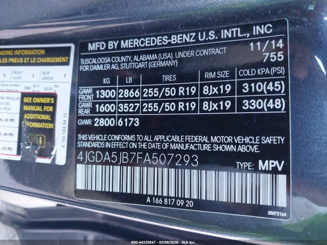 Продаж на аукціоні авто 2015 Mercedes-benz Ml 350, vin: 4JGDA5JB7FA507293, номер лоту: 44330847