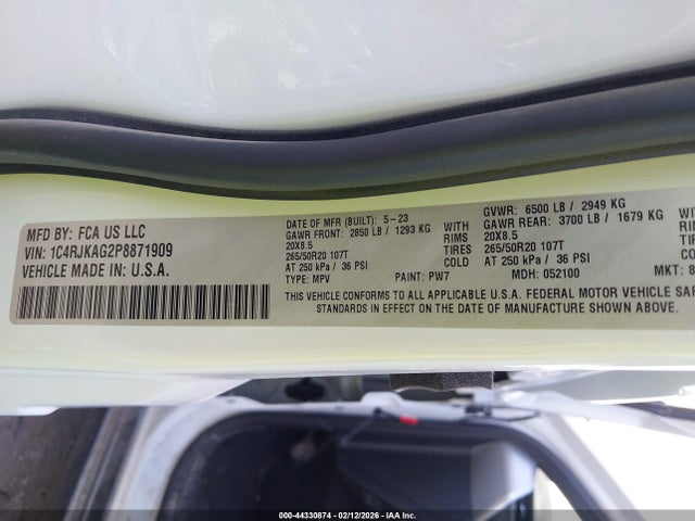 44330874 :رقم المزاد ، 1C4RJKAG2P8871909 vin ، 2023 Jeep Grand Cherokee L Altitude 4x4 مزاد بيع