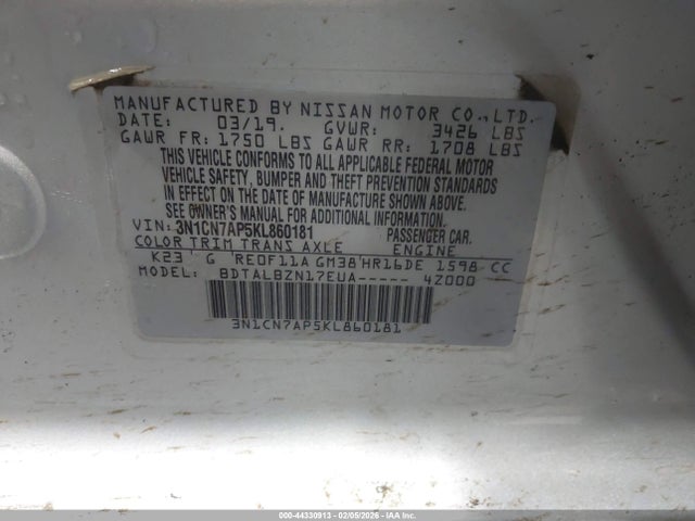 3N1CN7AP5KL860181 Nissan Versa 1.6 Sv