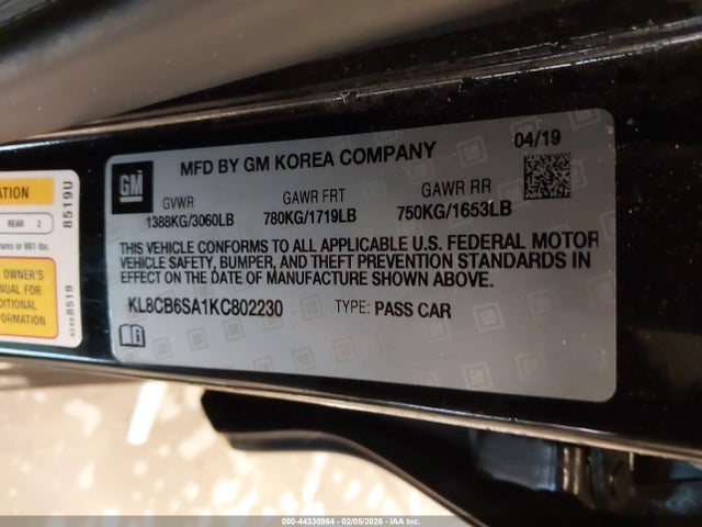 2019 Chevrolet Spark Ls Cvt მანქანა იყიდება აუქციონზე, vin: KL8CB6SA1KC802230, აუქციონის ნომერი: 44330964