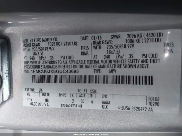 1FMCU0JX8GUC43695 Ford Escape Titanium
