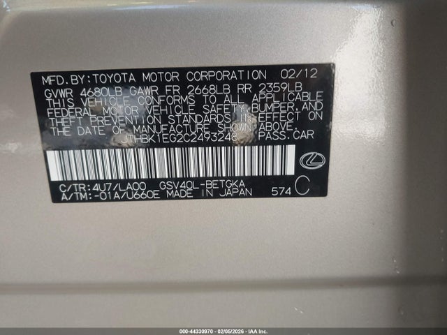 Aukcja sprzedaży 2012 Lexus Es 350, vin: JTHBK1EG2C2493248, numer aukcji: 44330970