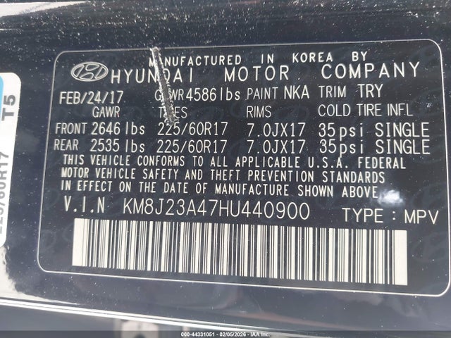 KM8J23A47HU440900 Hyundai TUCSON SE