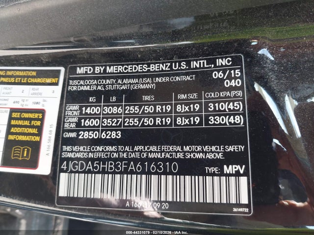 Aukcja sprzedaży 2015 Mercedes-benz Ml 350 4matic, vin: 4JGDA5HB3FA616310, numer aukcji: 44331079