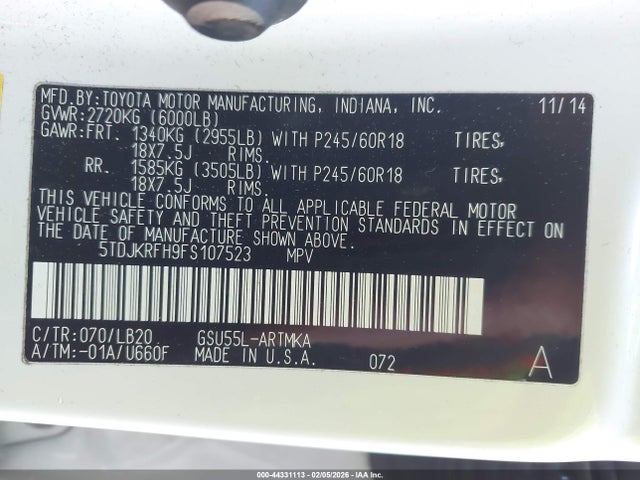 2015 TOYOTA HIGHLANDER 5TDJKRFH9FS107523 Photo 8