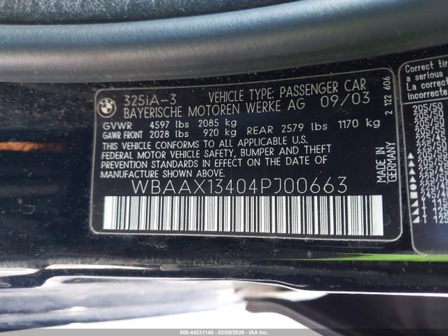 44331140 :رقم المزاد ، WBAAX13404PJ00663 vin ، 2004 Bmw 325it مزاد بيع