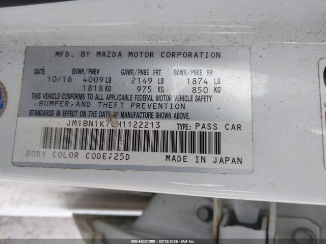 44331200 :رقم المزاد ، JM1BN1K70H1122213 vin ، 2017 Mazda Mazda3 Sport مزاد بيع