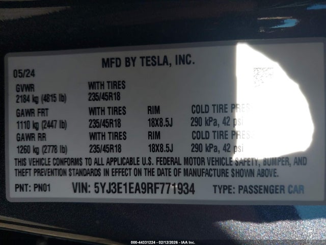 Aukcja sprzedaży 2024 Tesla Model 3 Long Range Dual Motor All-wheel Drive/rear-wheel Drive, vin: 5YJ3E1EA9RF771934, numer aukcji: 44331224