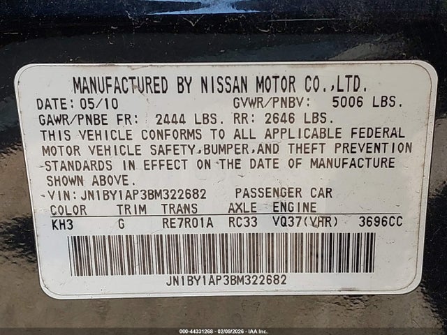 2011 Infiniti M37 მანქანა იყიდება აუქციონზე, vin: JN1BY1AP3BM322682, აუქციონის ნომერი: 44331268