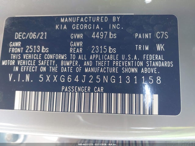 44331275 :رقم المزاد ، 5XXG64J25NG131158 vin ، 2022 Kia K5 Gt-line مزاد بيع