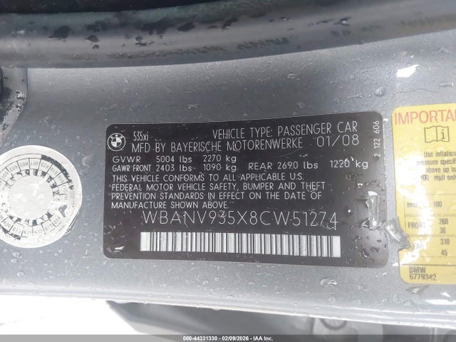 Продаж на аукціоні авто 2008 Bmw 535xi, vin: WBANV935X8CW51274, номер лоту: 44331330