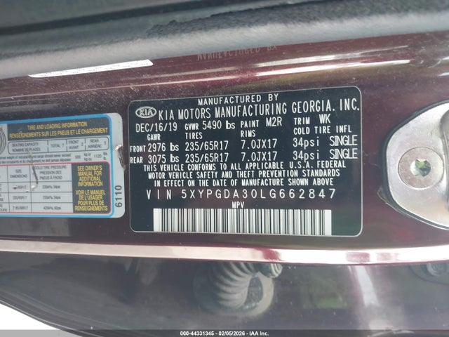 5XYPGDA30LG662847 KIA Sorento 2.4l Lx