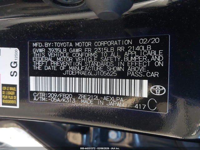 JTDEPRAE6LJ105625 Toyota COROLLA LE