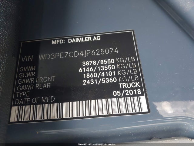 44331433 :رقم المزاد ، WD3PE7CD4JP625074 vin ، 2018 Mercedes-benz Sprinter 2500 Standard Roof V6 مزاد بيع