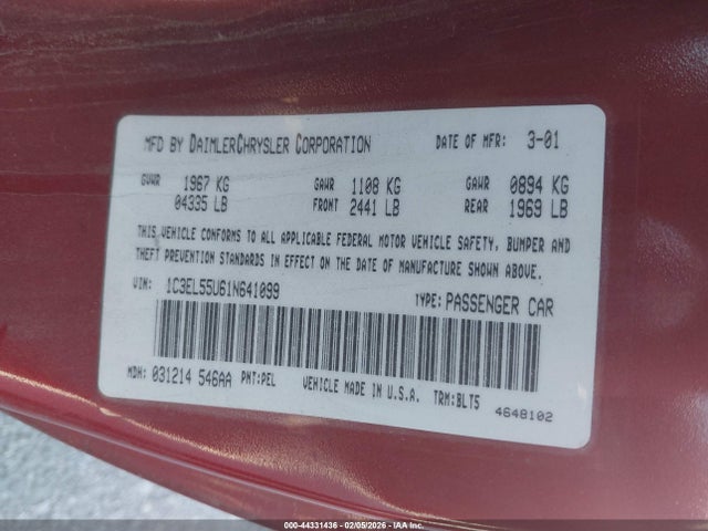 Aukcja sprzedaży 2001 Chrysler Sebring Lxi, vin: 1C3EL55U61N641099, numer aukcji: 44331436