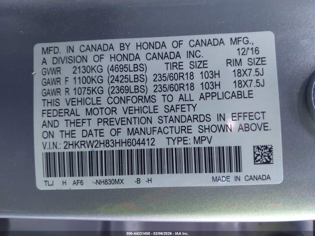 2HKRW2H83HH604412 Honda Cr-v Ex-l/ex-l Navi