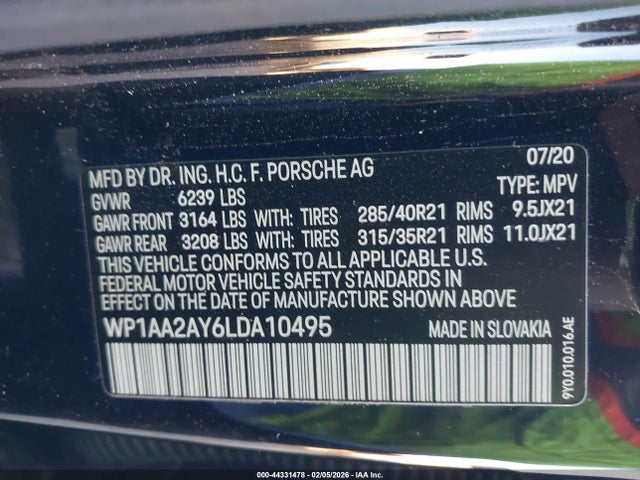 Продаж на аукціоні авто 2020 Porsche Cayenne, vin: WP1AA2AY6LDA10495, номер лоту: 44331478