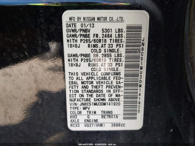 Aukcja sprzedaży 2013 Infiniti Fx37, vin: JN8CS1MU3DM141920, numer aukcji: 44331508