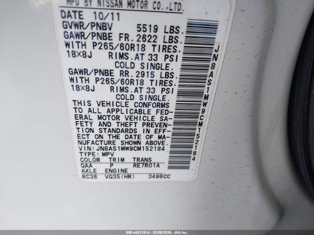 Aukcja sprzedaży 2012 Infiniti Fx35, vin: JN8AS1MW9CM152184, numer aukcji: 44331514