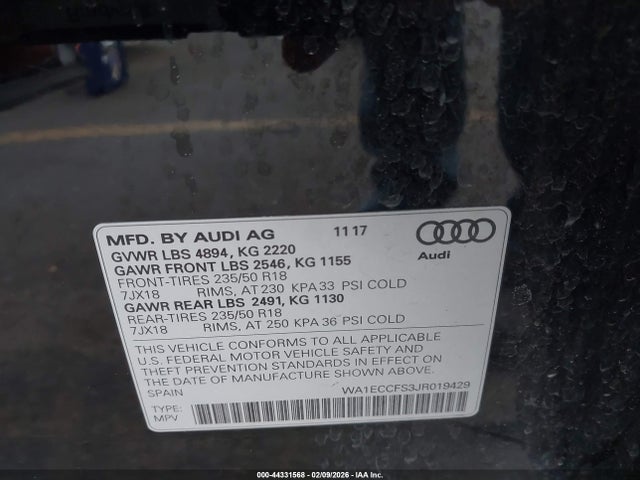 Aukcja sprzedaży 2018 Audi Q3 2.0t Premium/2.0t Sport Premium, vin: WA1ECCFS3JR019429, numer aukcji: 44331568