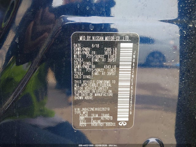 44331589 :رقم المزاد ، JN8AZ2NEXK9226219 vin ، 2019 Infiniti Qx80 Luxe مزاد بيع