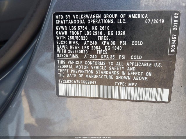 Aukcja sprzedaży 2019 Volkswagen Atlas 3.6l V6 Sel, vin: 1V2ER2CA7KC589947, numer aukcji: 44331593