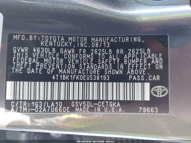 4T1BK1FK0EU538193 Toyota Camry Xle V6