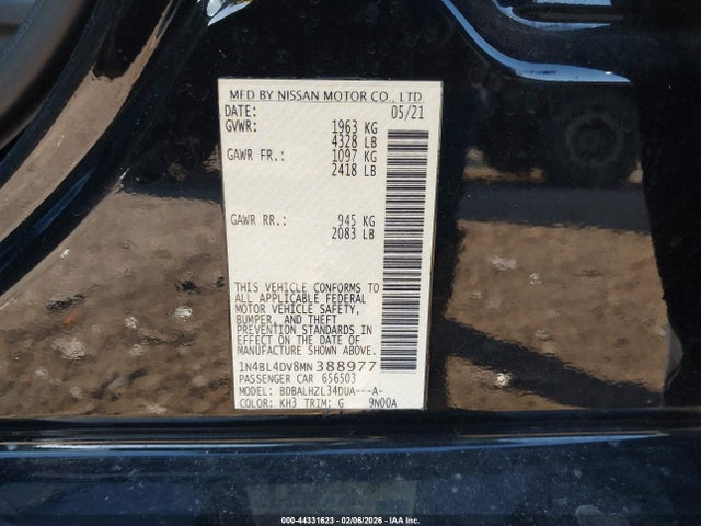 Aukcja sprzedaży 2021 Nissan Altima Sv Fwd, vin: 1N4BL4DV8MN388977, numer aukcji: 44331623