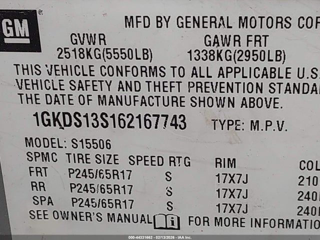 Aukcja sprzedaży 2006 Gmc Envoy Slt, vin: 1GKDS13S162167743, numer aukcji: 44331662