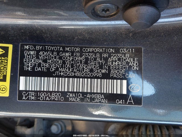 Продаж на аукціоні авто 2011 Lexus Ct 200h Premium, vin: JTHKD5BH8B2020998, номер лоту: 44331668