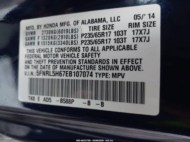 Honda Odyssey Ex-l 2014 5FNRL5H67EB107074 Image 9