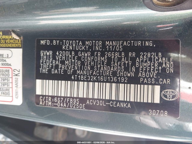 Aukcja sprzedaży 2006 Toyota Camry Le, vin: 4T1BE32K16U136192, numer aukcji: 44331851