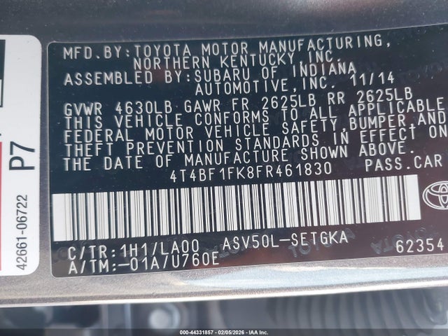 Toyota CAMRY XLE 2015 4T4BF1FK8FR461830 Image 9