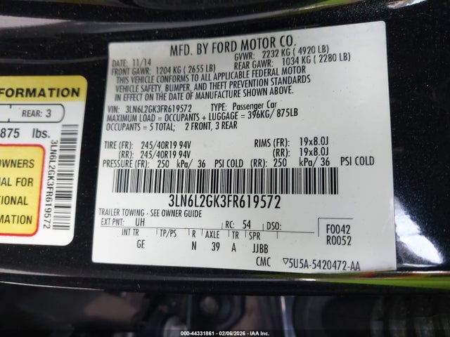 3LN6L2GK3FR619572 Lincoln MKZ