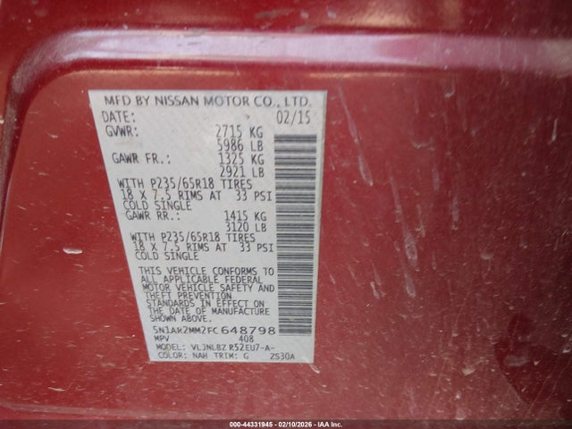 Aukcja sprzedaży 2015 Nissan Pathfinder S, vin: 5N1AR2MM2FC648798, numer aukcji: 44331945