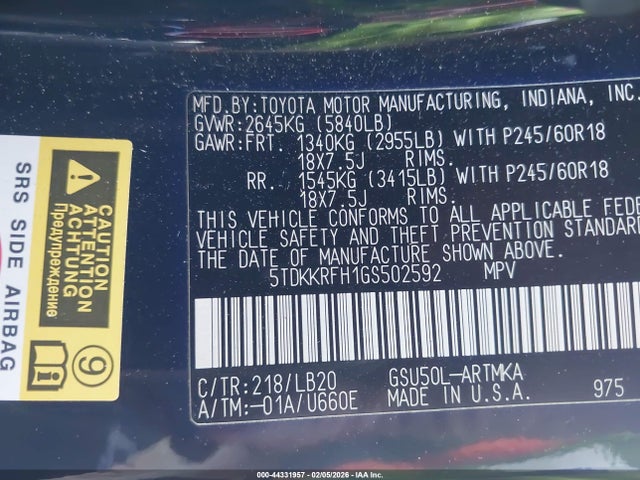 2016 TOYOTA HIGHLANDER 5TDKKRFH1GS502592 Photo 8