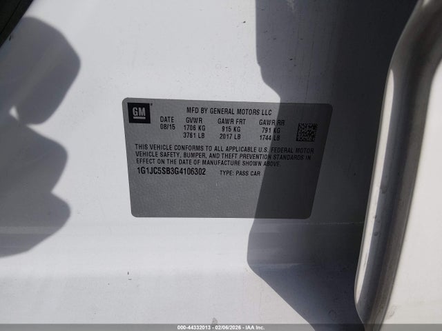 Продажа на аукционе авто 2016 Chevrolet Sonic Lt Auto, vin: 1G1JC5SB3G4106302, номер лота: 44332013