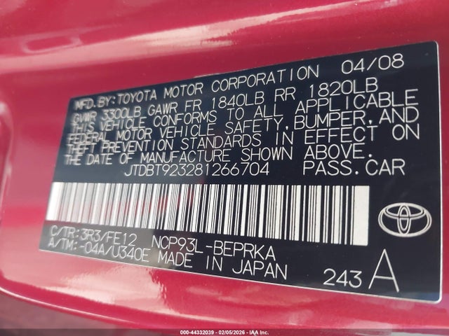 2008 TOYOTA YARIS JTDBT923281266704 Photo 8