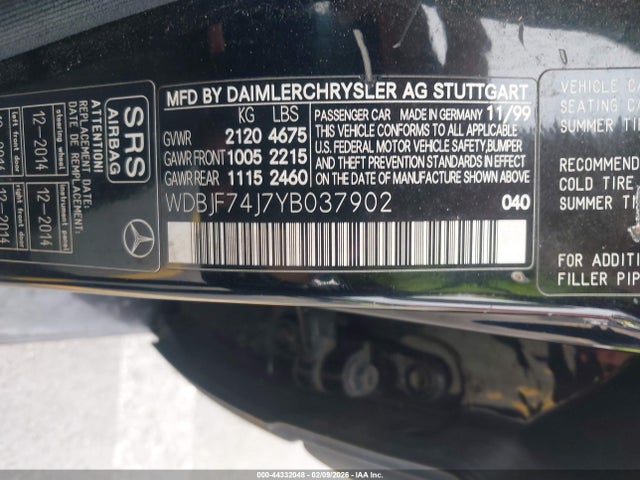 2000 Mercedes-benz E 55 Amg მანქანა იყიდება აუქციონზე, vin: WDBJF74J7YB037902, აუქციონის ნომერი: 44332048
