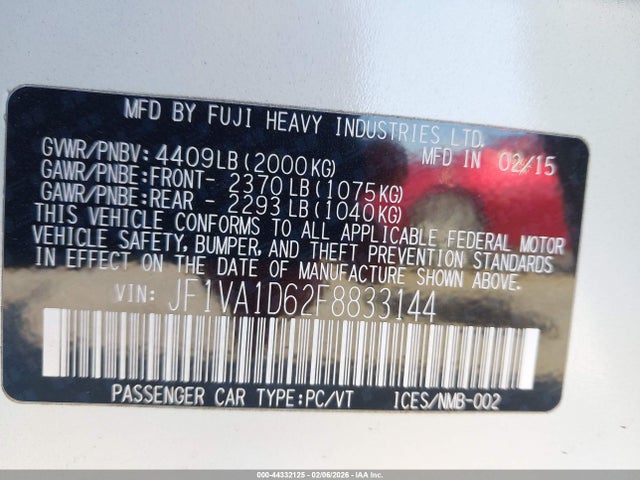 2015 Subaru Wrx Premium მანქანა იყიდება აუქციონზე, vin: JF1VA1D62F8833144, აუქციონის ნომერი: 44332125
