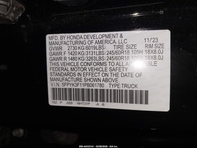 Honda Ridgeline Sport 2023 5FPYK3F11PB061780 Image 9