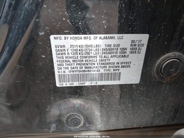 5FNYF5H86HB014183 Honda Pilot Ex-l