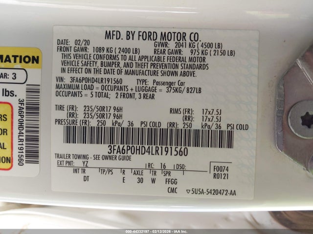 2020 FORD FUSION 3FA6P0HD4LR191560 Photo 8