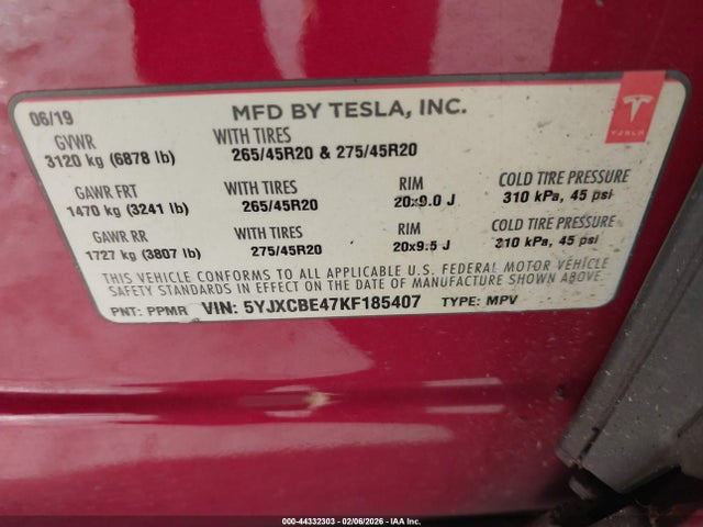 Aukcja sprzedaży 2019 Tesla Model X P100d/performance, vin: 5YJXCBE47KF185407, numer aukcji: 44332303