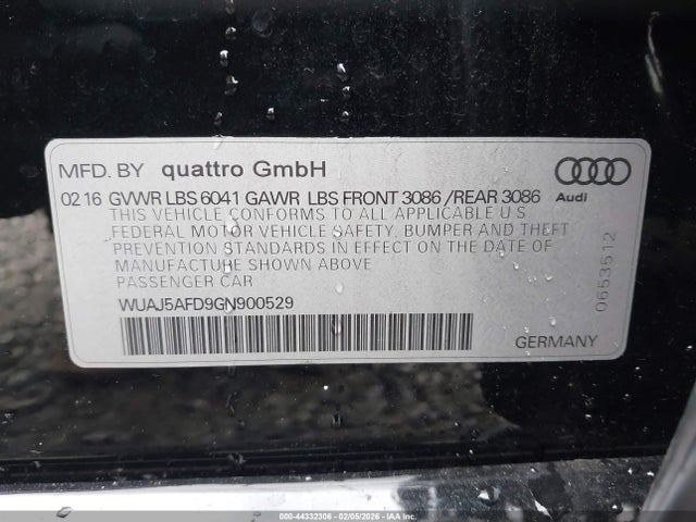 44332306 :رقم المزاد ، WUAJ5AFD9GN900529 vin ، 2016 Audi S8 4.0t Plus مزاد بيع
