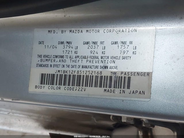 44332311 :رقم المزاد ، JM1BK12F851252168 vin ، 2005 Mazda Mazda3 I مزاد بيع
