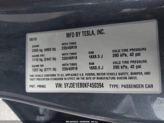 Aukcja sprzedaży 2019 Tesla Model 3 Long Range/performance, vin: 5YJ3E1EB0KF450394, numer aukcji: 44332333