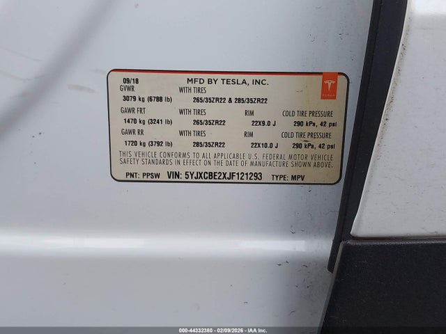Продаж на аукціоні авто 2018 Tesla Model X 100d/75d/p100d, vin: 5YJXCBE2XJF121293, номер лоту: 44332380